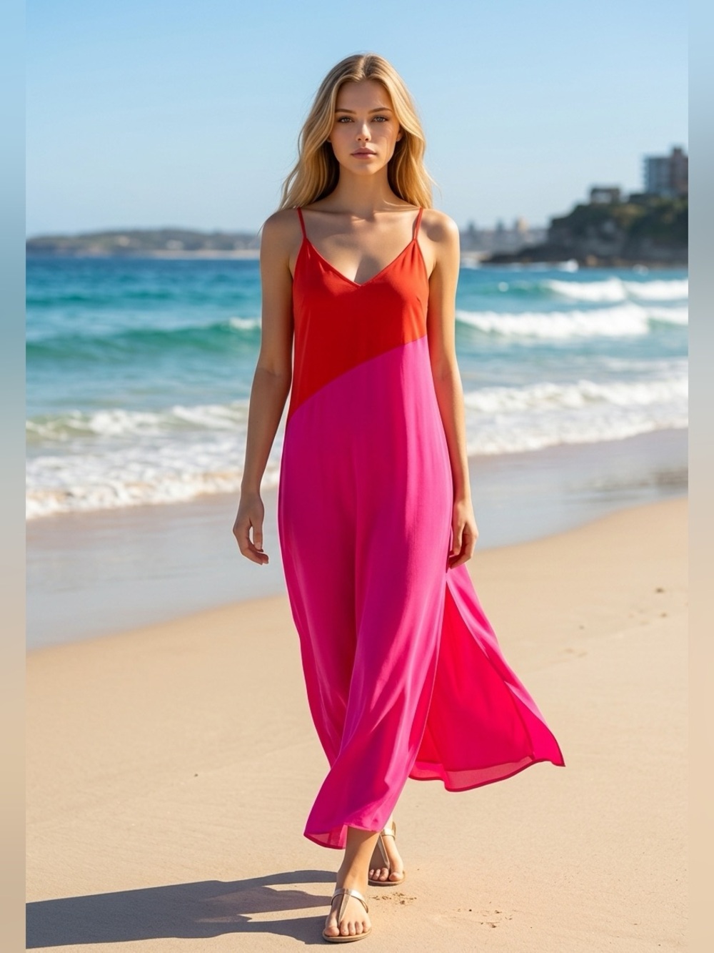 Women’s Two-Tone Red and Hot Pink Beach Coverup Maxi Dress Size M